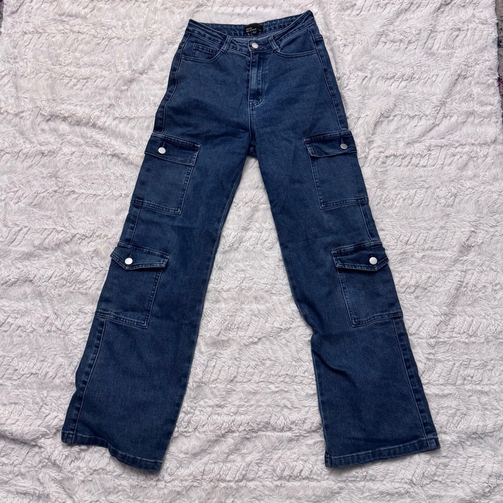 Blue Cargo Jeans | Size Small High Waisted Baggy Fit Dark Wash Denim